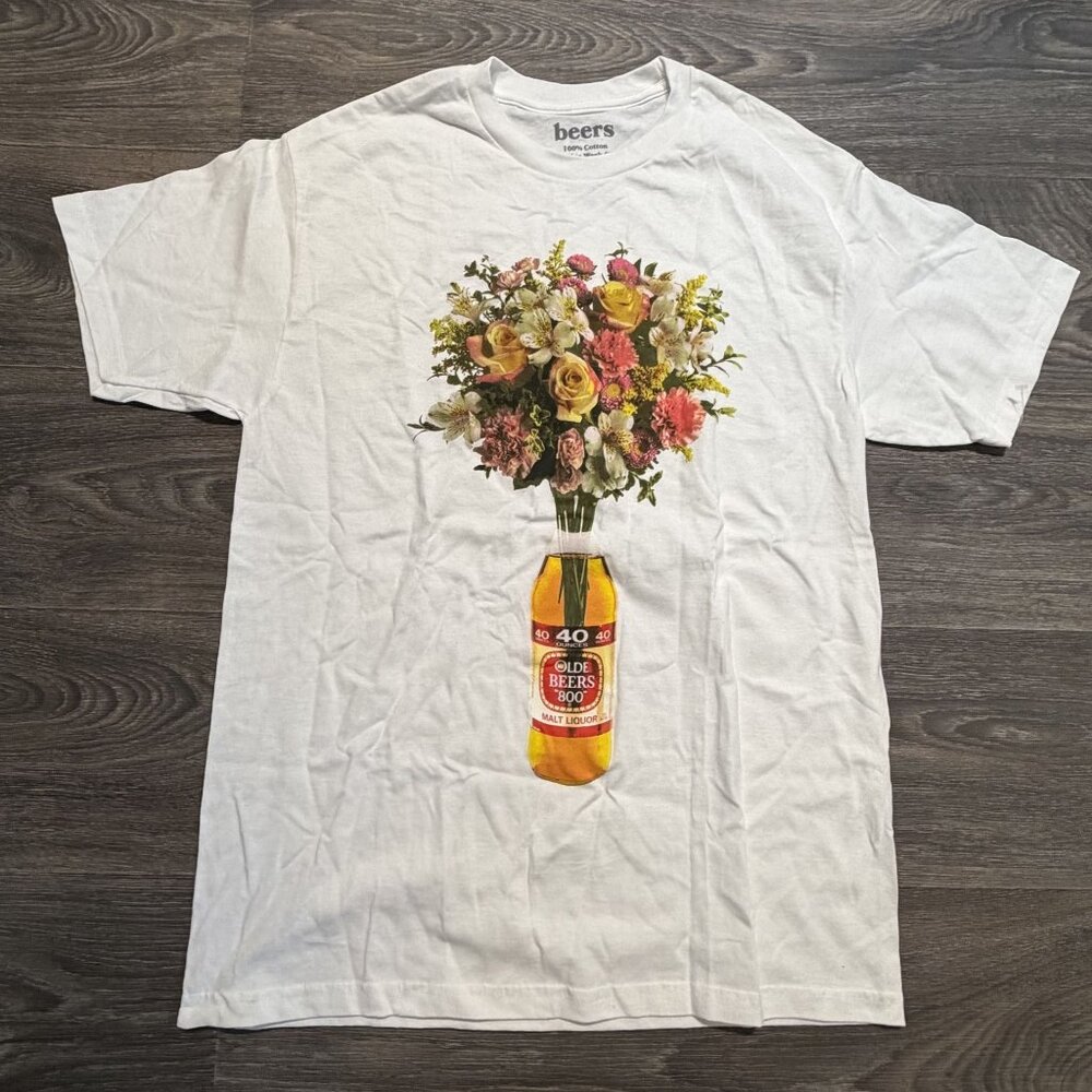 Beers Bouquet T-Shirt Large Shirt Graphic Tee Shirt White Buckle Floral Cotton